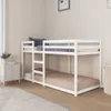 A white wooden bunk bed with blue and white checkered bedding is shown in a room with light-colored walls and wooden flooring. Produktbild-Vorschau