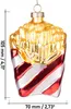 A glass ornament shaped like french fries in a red and white striped container, with dimensions indicated. Voir les images du produit