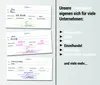 Three sample gift certificates are shown on the left, with a list of businesses that can use them on the right. Produktbild-Vorschau