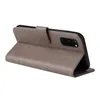A grey flip cover case for a Samsung Galaxy S20 phone, shown from the side with the cover open. Produktbild-Vorschau