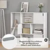 A white bookshelf with multiple compartments, some of which are open and some have doors. Decorative items and books are placed on the shelves. A close-up inset shows a magnetic latch mechanism. Produktbild-Vorschau