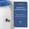 A close-up of a white water barrel with a blue lid and a clear hose attached to a spigot. A blue overlay with text and a logo is on the right side of the image. Produktbild-Vorschau