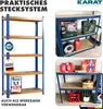 Collage of images showing a blue metal shelving unit with wooden shelves, different items stored on shelves, and marketing text. Produktbild-Vorschau