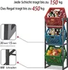 A three-tier shelving unit with colorful crates filled with bottles and fruit, with close-up details of the frame and screws. Produktbild-Vorschau