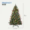 A decorated artificial Christmas tree with lights, pinecones, and berries, shown with product size dimensions. Produktbild-Vorschau