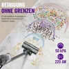 A cordless vacuum cleaner is shown on a tiled floor, with colorful beads and debris scattered around it. Overlays indicate different power levels (50W, 300W, 600W) and suction power (50 kPa, 220 AW). Produktbild-Vorschau