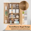 A wooden bathroom cabinet with various toiletries and towels displayed on its shelves. An inset shows a close-up of the adjustable shelf design. Náhled obrázku produktu