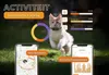 A cat wearing a GPS tracker, with app interfaces showing activity statistics and location history. Produktbild-Vorschau