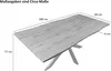 A 3D rendering of a wooden dining table with a spider leg metal base, showing dimensions. Produktbild-Vorschau