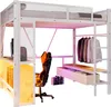 A white loft bed with integrated desk, wardrobe, and drawers, featuring a gaming chair and computer setup. Voir les images du produit