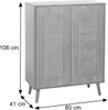 A gray wooden cabinet with two doors and rattan inserts, shown with dimensions indicated. Podgląd zdjęcia produktu