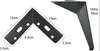 Two views of black metal furniture legs, one a corner bracket and the other a single leg, with dimensions indicated by text. Náhled obrázku produktu