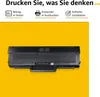 A black toner cartridge is shown against a bright yellow background, with marketing text and icons at the top. Produktbild-Vorschau