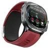 A smartwatch with a red band is shown against a light gray background. The watch face displays the time, date, steps, heart rate, and temperature. Náhled obrázku produktu