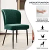 A green velvet chair is shown in a room with a white rug and a partial view of a kitchen in the background. To the right, there is a graphic overlay with text and icons highlighting product features. Produktbild-Vorschau