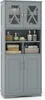 A gray freestanding storage cabinet with glass doors on top and solid doors on the bottom, filled with various bathroom items. Produktbild-Vorschau