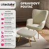 A cream-colored boucle armchair and ottoman are displayed on a rug, with product features listed on the left side. Náhled obrázku produktu