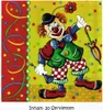 A cartoon clown with a flower on its head, holding an umbrella and a horn, on a yellow background with colorful polka dots and streamers. Anteprima dell’immagine prodotto