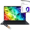 A laptop with a colorful abstract wallpaper and a box of Microsoft Office 2024 Professional Plus software next to it, with two pens in the foreground. Produktbild-Vorschau