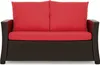 A studio shot of a two-seater outdoor sofa with red cushions. Produktbild-Vorschau