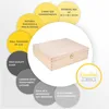 A wooden wine box with various features highlighted by text bubbles and a logo. Produktbild-Vorschau