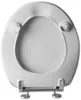 A white toilet seat with lid, viewed from the top, showing the hinges and mounting hardware. Produktbild-Vorschau