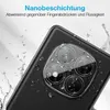 A close-up of a smartphone camera lens with water droplets on it, indicating water resistance. Produktbild-Vorschau