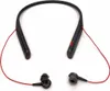 A pair of black neckband headphones with red wires and earbuds is laid out on a white background. Voir les images du produit