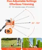 A hedge trimmer with adjustable angles and two examples of its use: lawn trimming and high tree branches. Produktbild-Vorschau