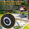 A red and black charcoal grill is shown on a patio with text overlays describing its features. Produktbild-Vorschau
