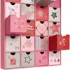 A close-up view of a pink advent calendar with 24 drawers, some of which are open. Náhled obrázku produktu