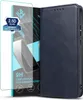 A product shot of a blue flip phone case and a screen protector. Produktbild-Vorschau