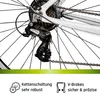 Close-up of a bicycle's rear derailleur and chain, with text describing features. Produktbild-Vorschau