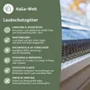 A close-up of a gutter guard installed on a roof gutter, with text overlays describing its features. Produktbild-Vorschau