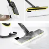 Collage of images showing a steam mop with its cleaning pad and a foot wearing a brown shoe. Produktbild-Vorschau