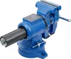 A blue metal vise with a rotating base and a measuring scale on a cylindrical part. Náhled obrázku produktu