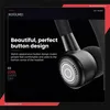 Close-up marketing image of a black Bluetooth headphone earpiece with text overlays. Produktbild-Vorschau