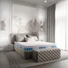 A bedroom scene with a mattress on a bed frame, a headboard, and decorative elements. Produktbild-Vorschau