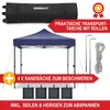A blue pop-up tent with accessories like sandbags, ropes, and stakes, along with a carrying bag, presented against a white background with marketing text overlays. Produktbild-Vorschau