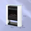 A white electric fireplace with a glass top and black interior, showing logs and flames. Dimensions are indicated. Produktbild-Vorschau