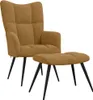 A brown velvet armchair and ottoman are shown against a white background. Voir les images du produit
