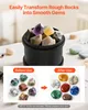 A rock tumbler with rough rocks inside, and a before and after comparison of rocks. Produktbild-Vorschau