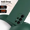 A dark green phone case is shown at an angle, with text overlays highlighting its anti-drop features. Produktbild-Vorschau