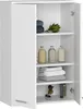 A white bathroom cabinet with its doors open, displaying shelves with towels, bottles, and decorative items. Produktbild-Vorschau