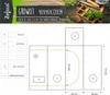 A diagram showing the layout and dimensions of a grow tent, with a header image of gardening supplies. Voir les images du produit
