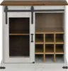 A white sideboard with a sliding barn door and a wooden top, featuring shelves and wine racks. Náhľad obrázku produktu
