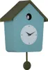 A cuckoo clock with a blue house and green roof and pendulum, against a white background. Produktbild-Vorschau