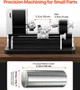 A mini metal lathe with measurement callouts and a diagram of processed material. Anteprima dell’immagine prodotto