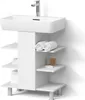 A white bathroom vanity with a sink and faucet, featuring shelves with towels and soap. Voir les images du produit