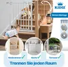 A baby crawling near a baby gate on stairs, with inset images showing the gate in a nursery, kitchen, and outdoors. Produktbild-Vorschau